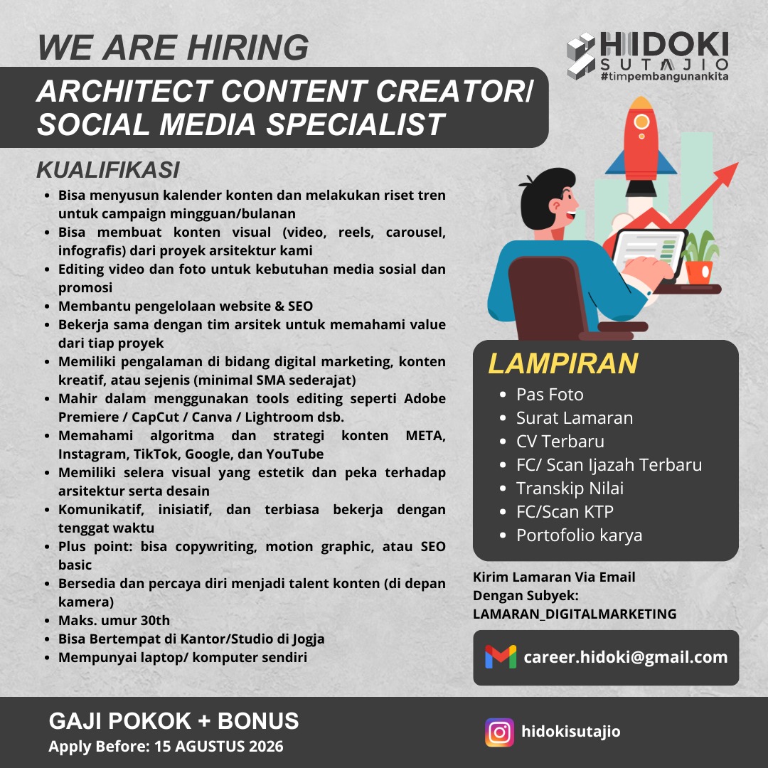 Poster Lowongan Architect Content Creator di Hidoki Sutajio Jogja 1