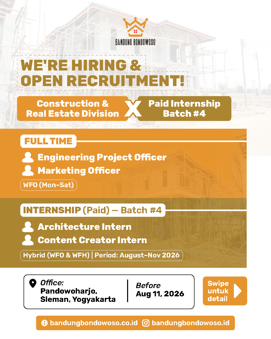 Poster Engineering Project Officer, Marketing Officer, Architecture Intern, Content Creator Intern di Bandung Bondowoso 1