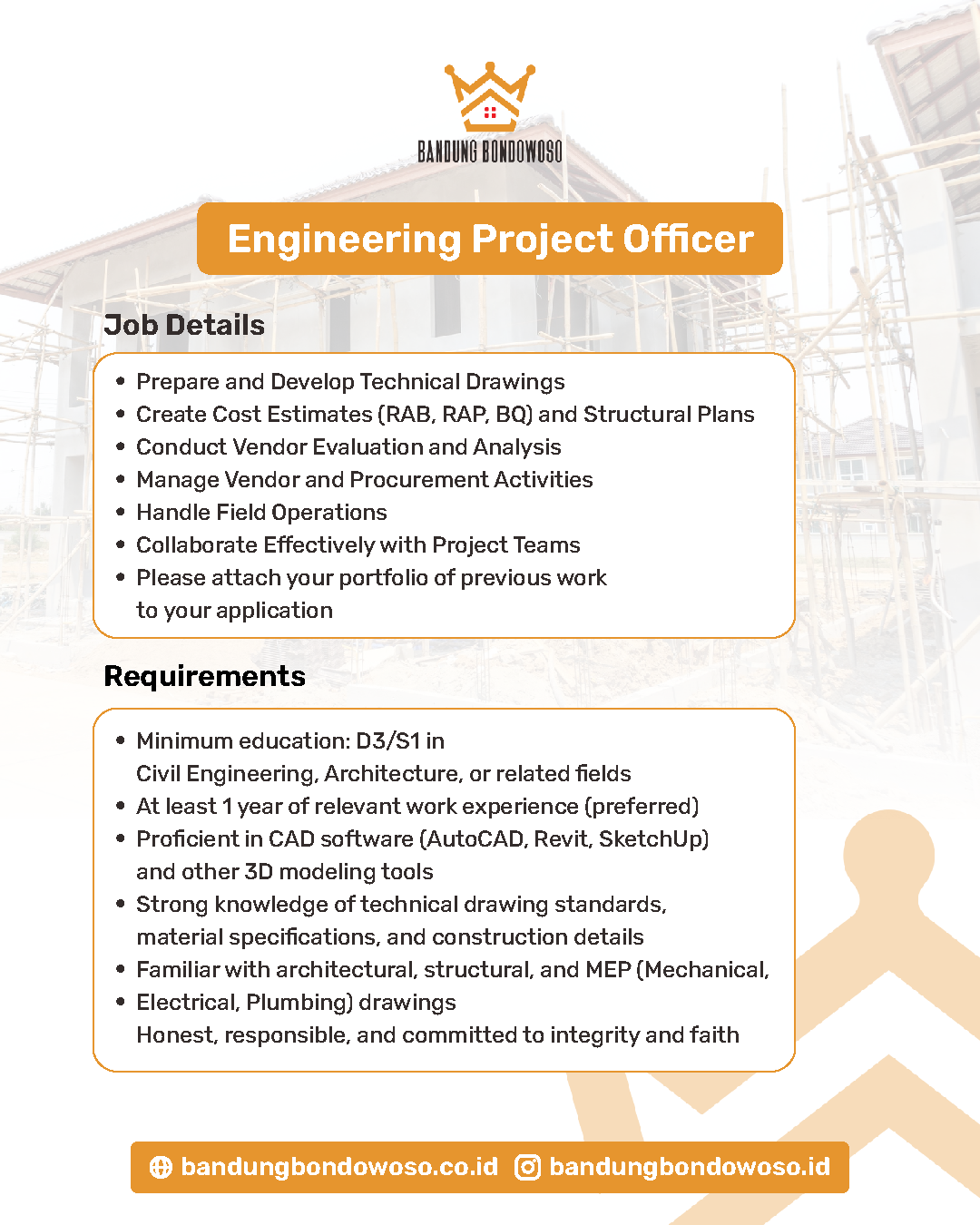 Poster Engineering Project Officer, Marketing Officer, Architecture Intern, Content Creator Intern di Bandung Bondowoso 2