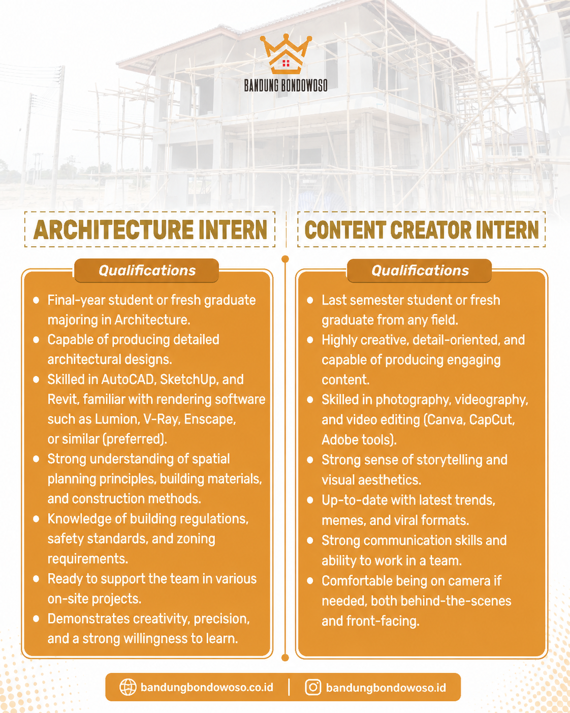 Poster Engineering Project Officer, Marketing Officer, Architecture Intern, Content Creator Intern di Bandung Bondowoso 4